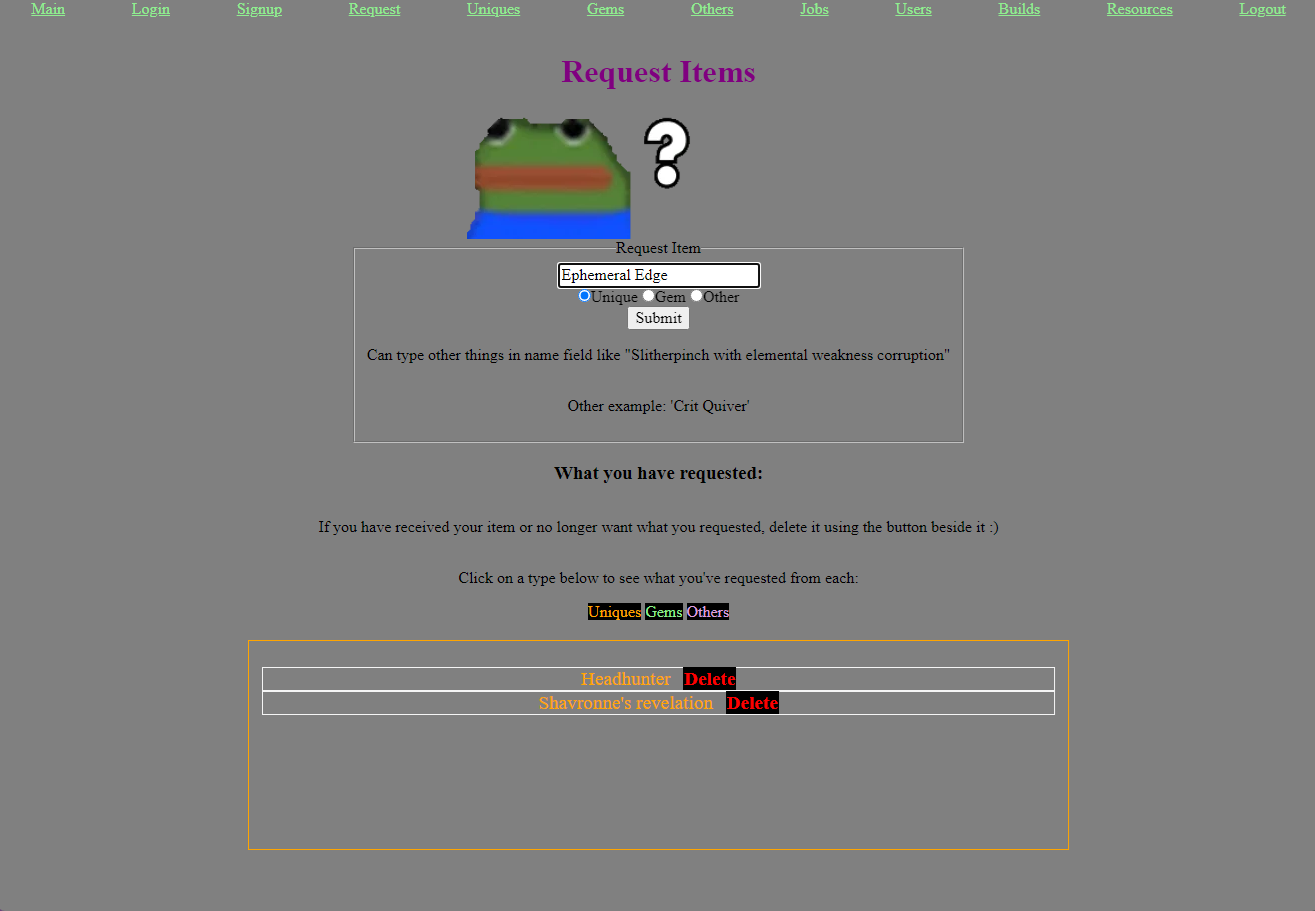 Screenshot of the request page