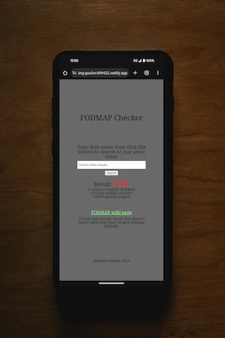 Image of an iPhone with the FODMAP checker site loaded and checking 'oat milk' for a result which returned Good