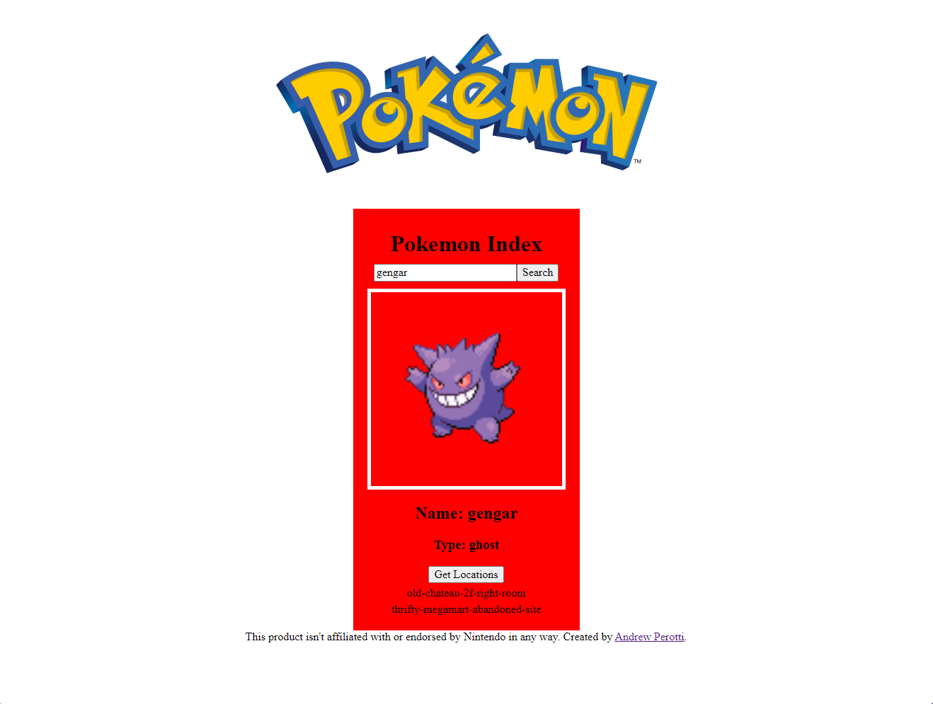 Image of the pokedex applicaiton showing a gengar's picture and the locations in where to find them in the pokemon world